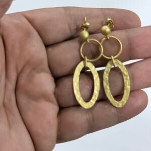 925 Sterling Silver Gold Plated Hammered Oval Drop Earrings Pushback Dangle